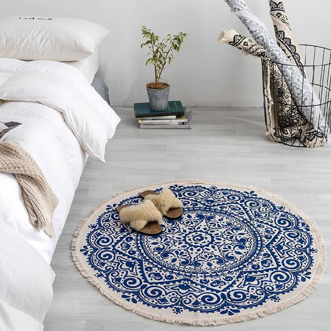 SOGA Blue Carpet Soft Linen Bohemian Non Slip Floor Retro Minimalist Round Rug Home Decor with Tassels-Rugs-PEROZ Accessories