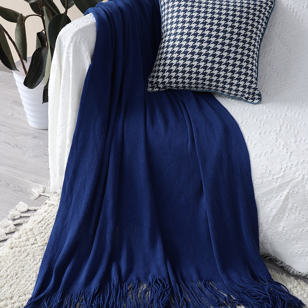 SOGA Royal Blue Acrylic Knitted Throw Blanket Solid Fringed Warm Cozy Woven Cover Couch Bed Sofa Home Decor-Throw Blankets-PEROZ Accessories