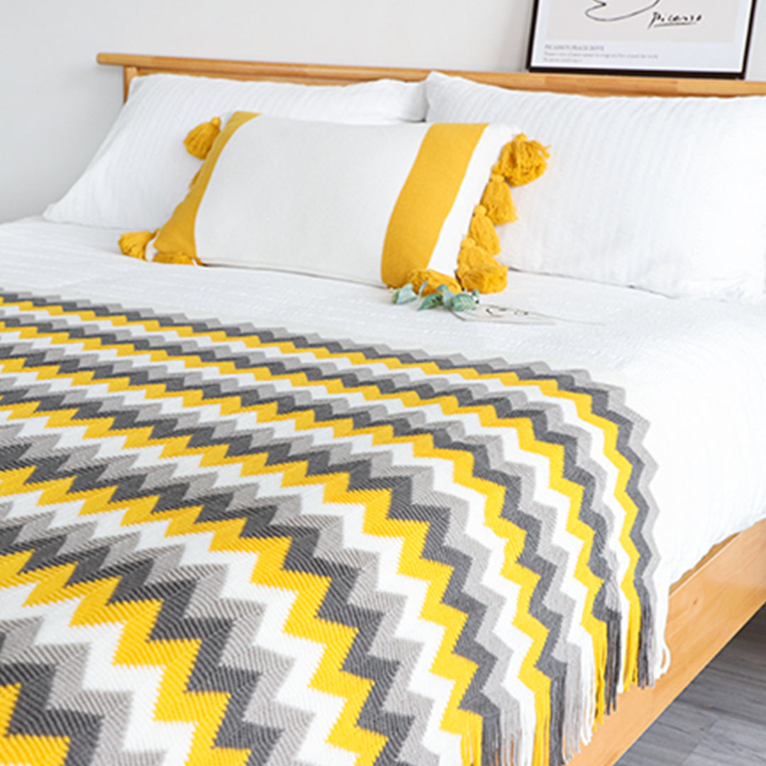 SOGA 220cm Yellow Zigzag Striped Throw Blanket Acrylic Wave Knitted Fringed Woven Cover Couch Bed Sofa Home Decor-Throw Blankets-PEROZ Accessories