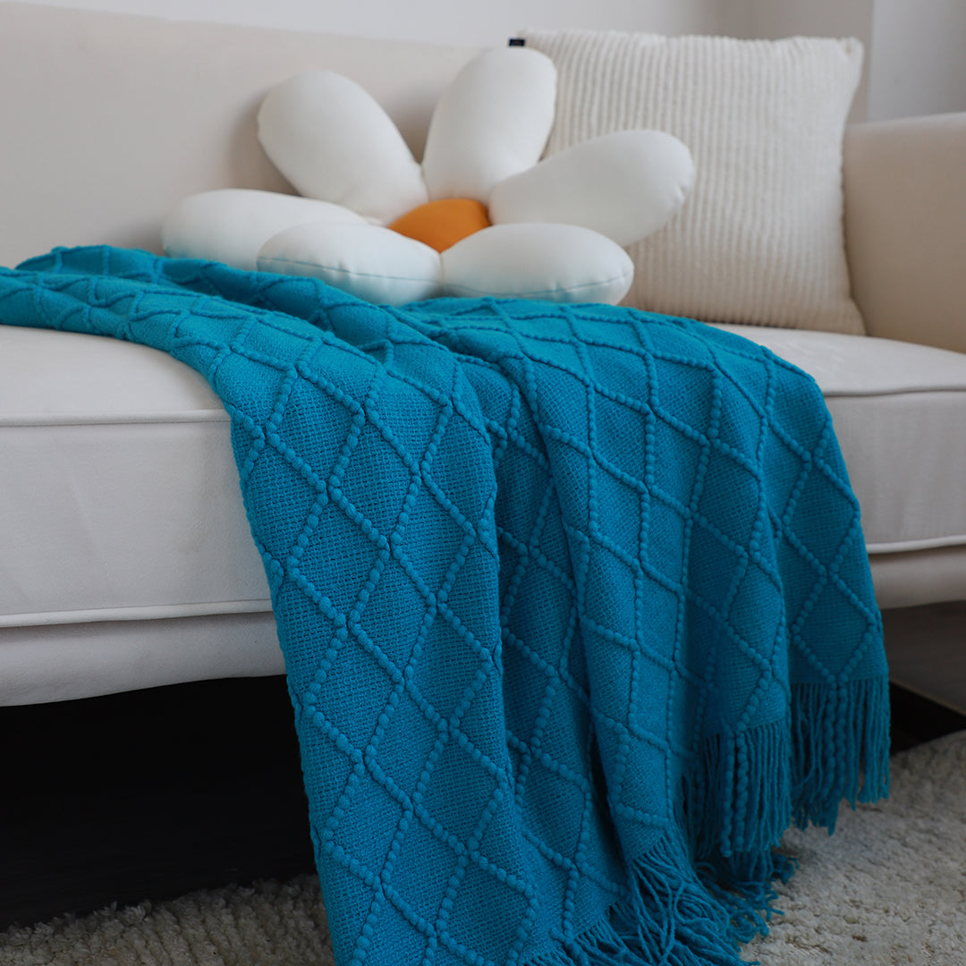 SOGA 2X Blue Diamond Pattern Knitted Throw Blanket Warm Cozy Woven Cover Couch Bed Sofa Home Decor with Tassels-Throw Blankets-PEROZ Accessories