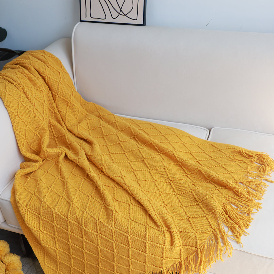 SOGA Yellow Diamond Pattern Knitted Throw Blanket Warm Cozy Woven Cover Couch Bed Sofa Home Decor with Tassels-Throw Blankets-PEROZ Accessories