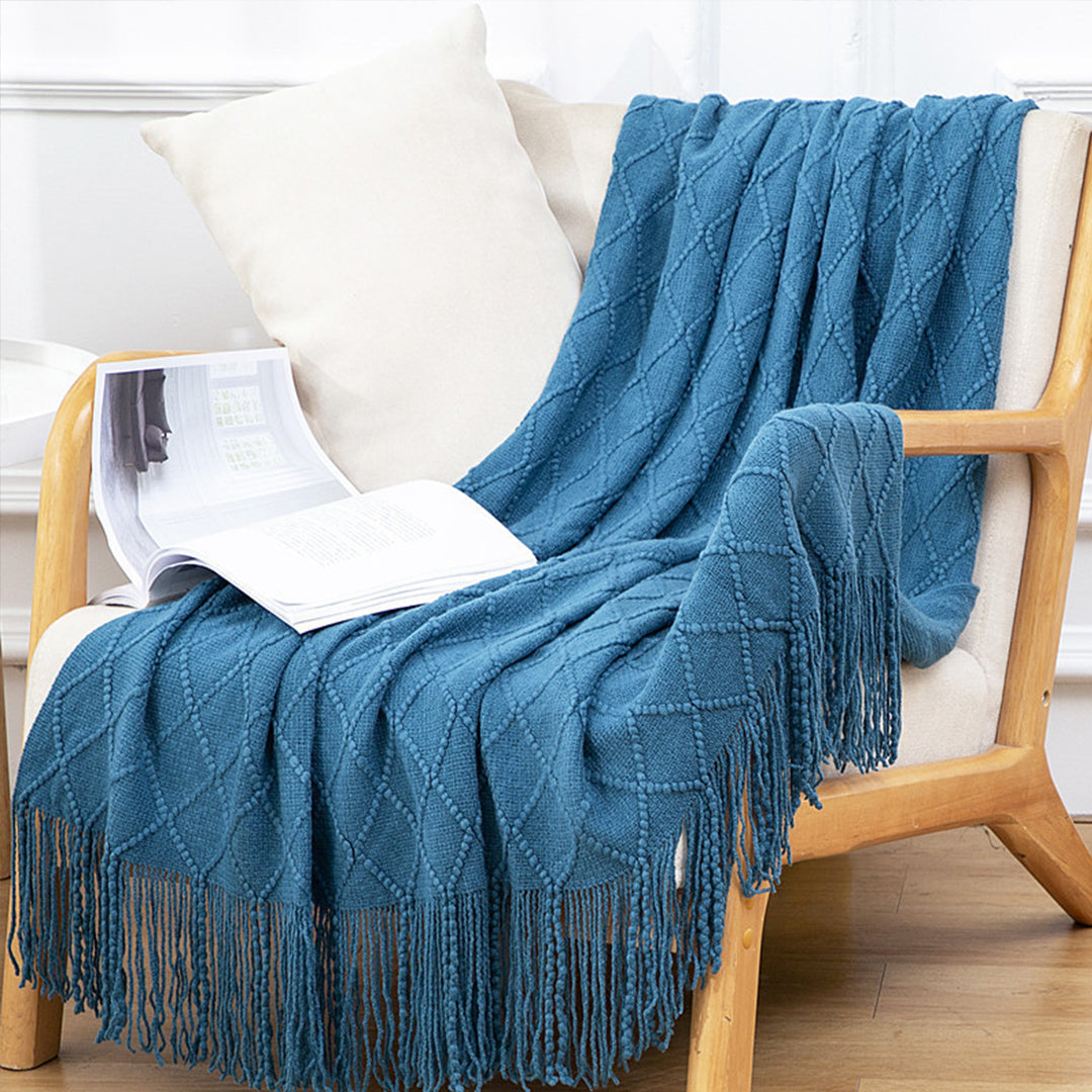SOGA Blue Diamond Pattern Knitted Throw Blanket Warm Cozy Woven Cover Couch Bed Sofa Home Decor with Tassels-Throw Blankets-PEROZ Accessories