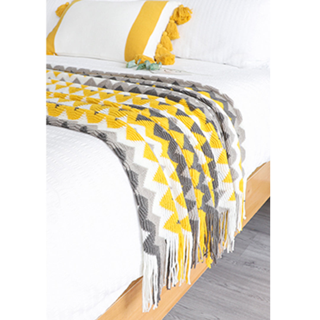 SOGA 220cm Yellow Zigzag Striped Throw Blanket Acrylic Wave Knitted Fringed Woven Cover Couch Bed Sofa Home Decor-Throw Blankets-PEROZ Accessories