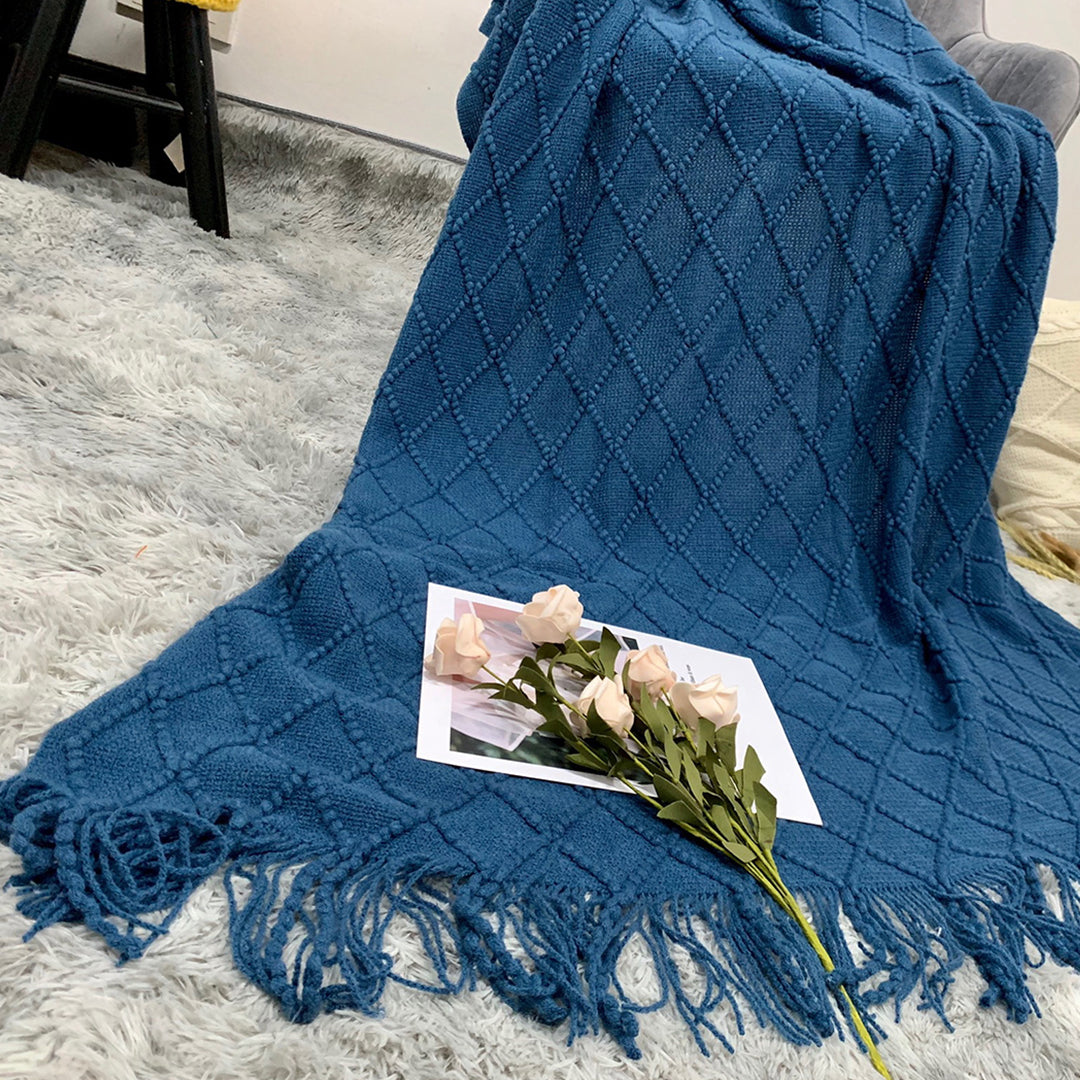 SOGA Royal Blue Diamond Pattern Knitted Throw Blanket Warm Cozy Woven Cover Couch Bed Sofa Home Decor with Tassels-Throw Blankets-PEROZ Accessories