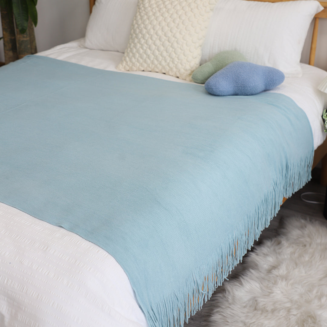 SOGA Sky Blue Acrylic Knitted Throw Blanket Solid Fringed Warm Cozy Woven Cover Couch Bed Sofa Home Decor-Throw Blankets-PEROZ Accessories