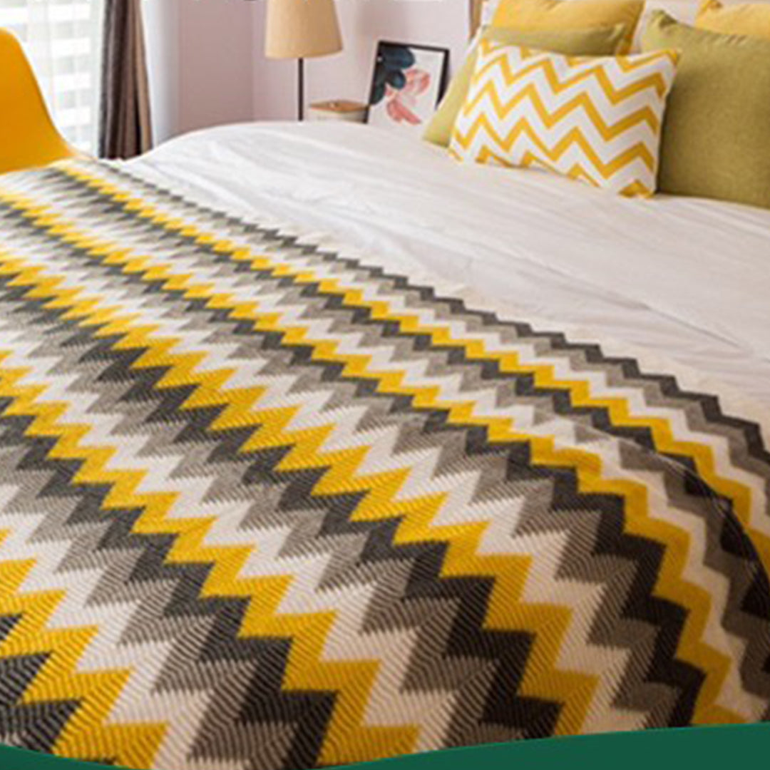 SOGA 2X 220cm Yellow Zigzag Striped Throw Blanket Acrylic Wave Knitted Fringed Woven Cover Couch Bed Sofa Home Decor-Throw Blankets-PEROZ Accessories
