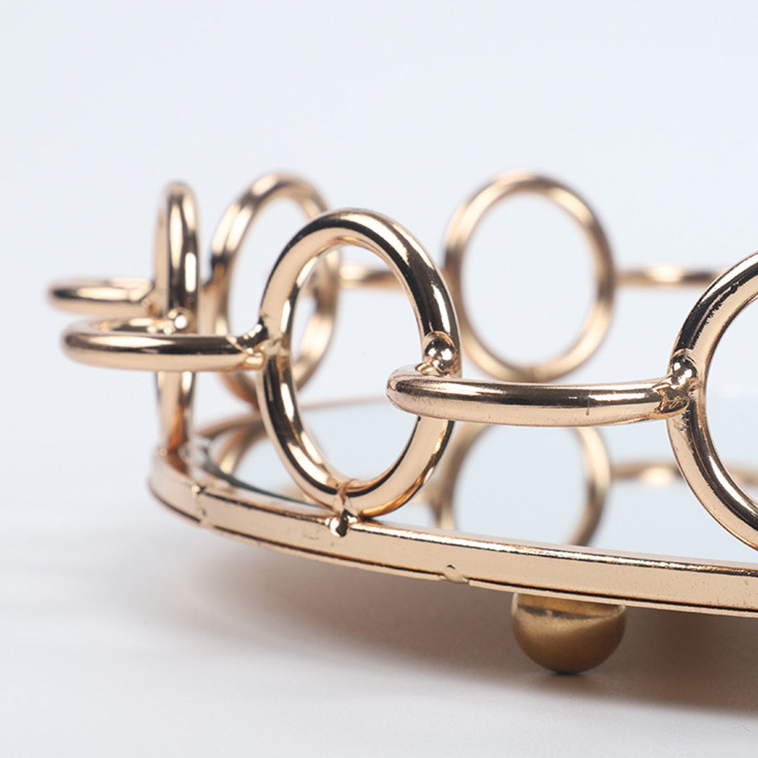 SOGA 38cm Bronze Colored Round Mirror Glass Metal Tray Vanity Makeup Perfume Jewelry Organiser with Handles-Jewellery Holders & Organisers-PEROZ Accessories