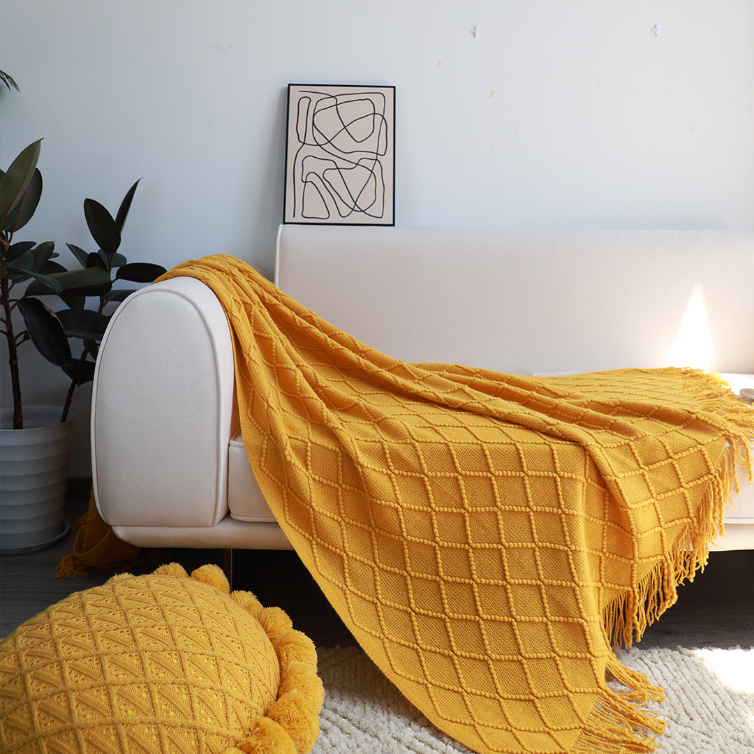 SOGA Yellow Diamond Pattern Knitted Throw Blanket Warm Cozy Woven Cover Couch Bed Sofa Home Decor with Tassels-Throw Blankets-PEROZ Accessories
