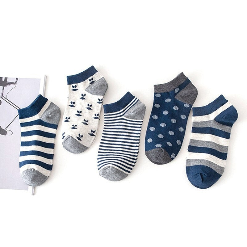 Anysox 5 Pairs One Size 5-11 Mixed Color Striped Spring Summer Unisex Navy Solid Striped Cotton Ankle Casual Socks-Socks-PEROZ Accessories