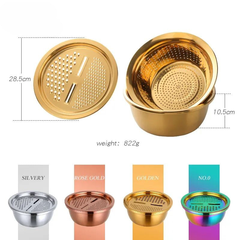 Anygleam Silver Stainless Steel Basket Strainer Bowl with Vegetable Cutter/ Slicer for Buffet and Restaurant Kitchenware-Kitchen Tools & Utensils-PEROZ Accessories
