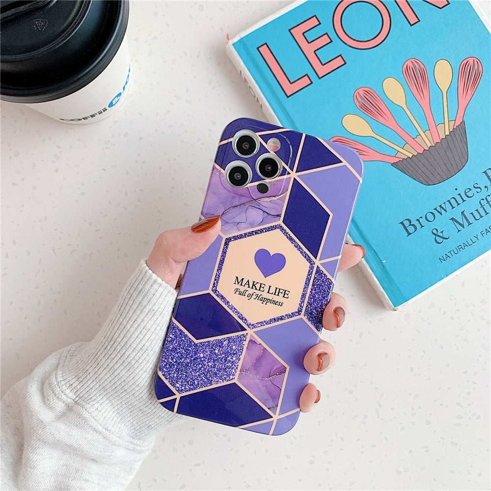 Anymob iPhone Case Purple Love Heart Geometric Marble Shockproof Soft Silicone Cover-Mobile Phone Cases-PEROZ Accessories