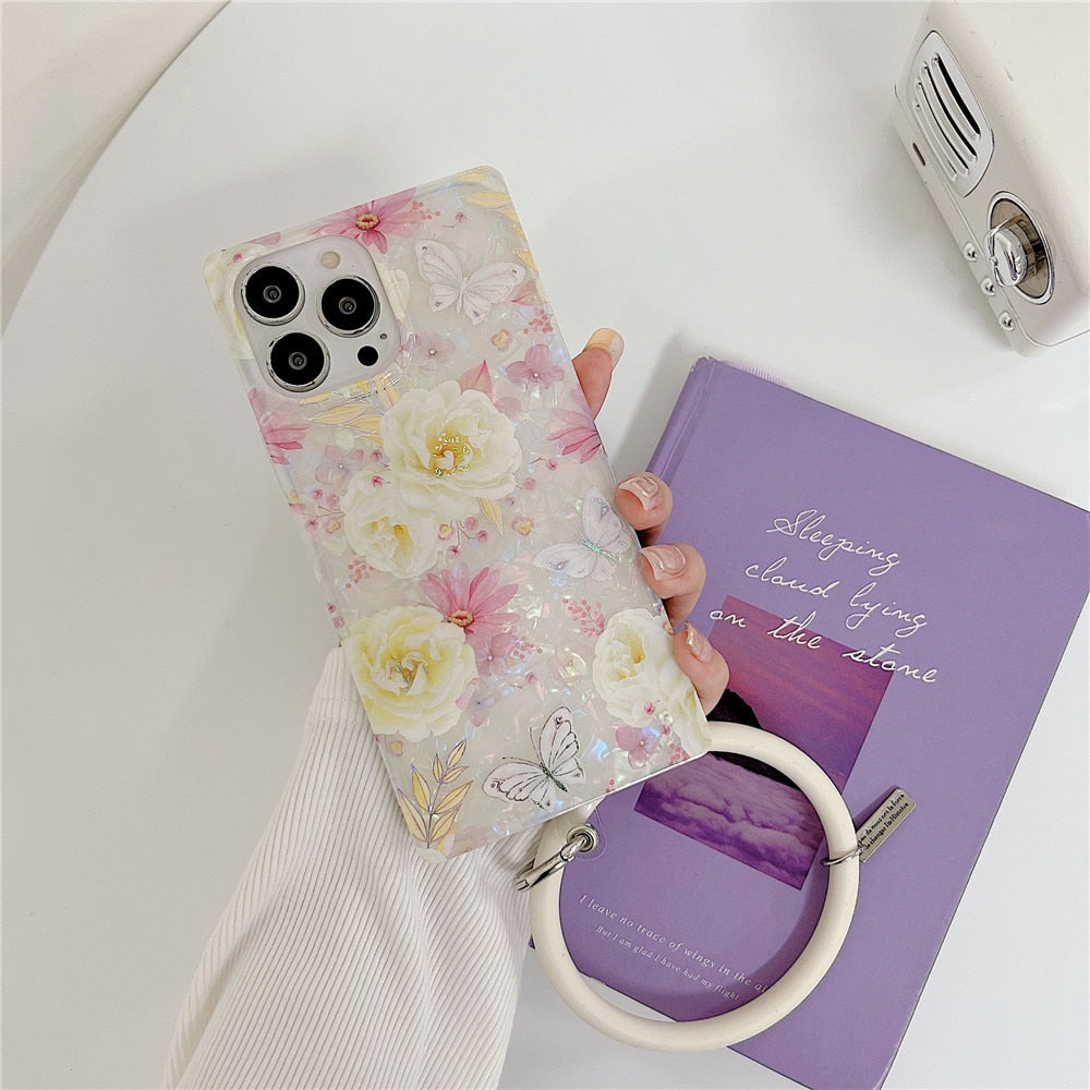 Anymob iPhone Case Red Butterfly Shell Texture Wristband Soft Square Phone Cover-Mobile Phone Cases-PEROZ Accessories