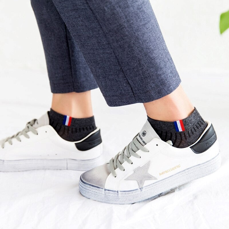 Anysox 5 Pairs One Size 5-11 Grayscale Spring Summer Unisex Navy Solid Striped Cotton Ankle Casual Socks-Socks-PEROZ Accessories