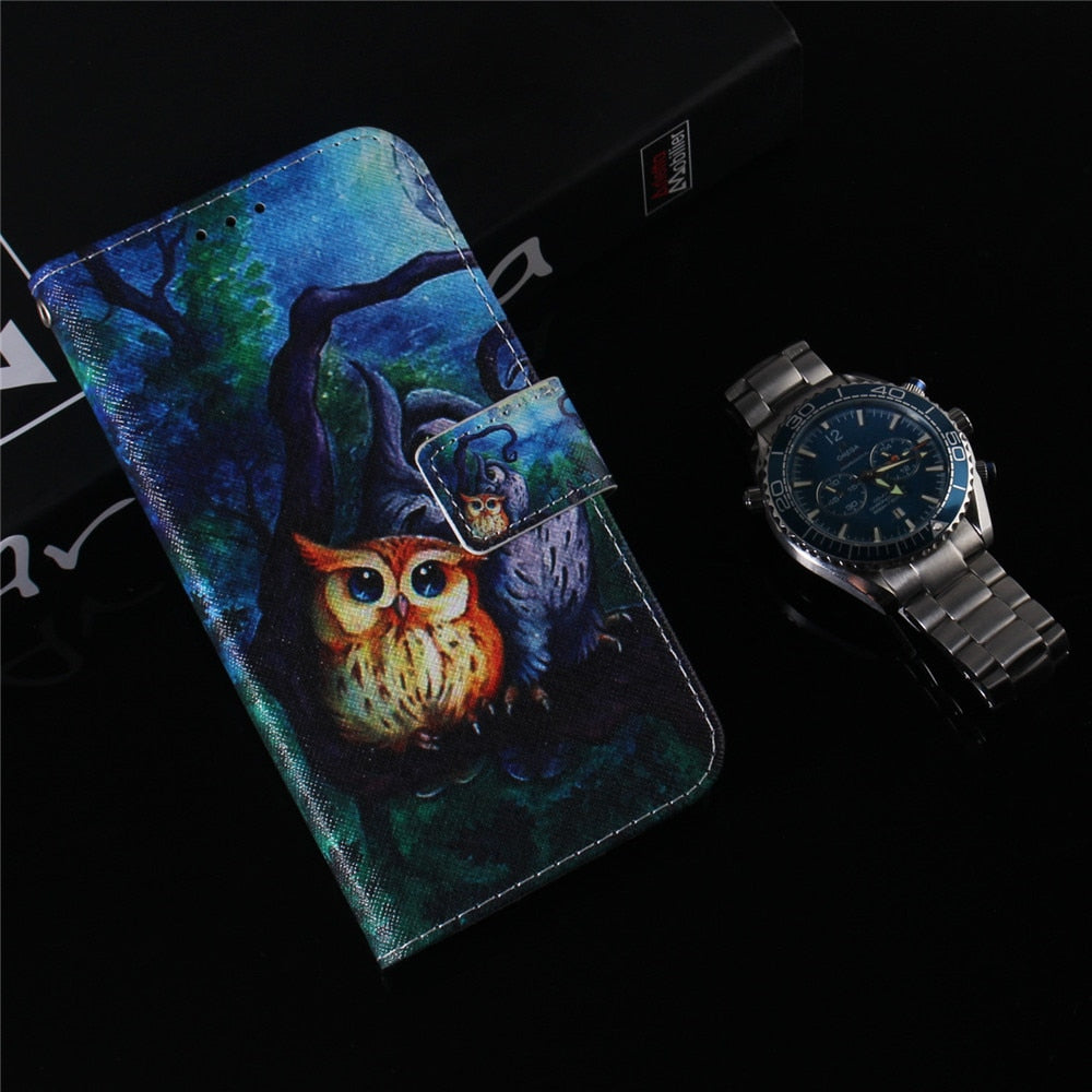 Anymob iPhone Case Blue With Owl Magnetic Flip Leather Animal painting Card slot Wallet Book Style Phone Cover-Mobile Phone Cases-PEROZ Accessories