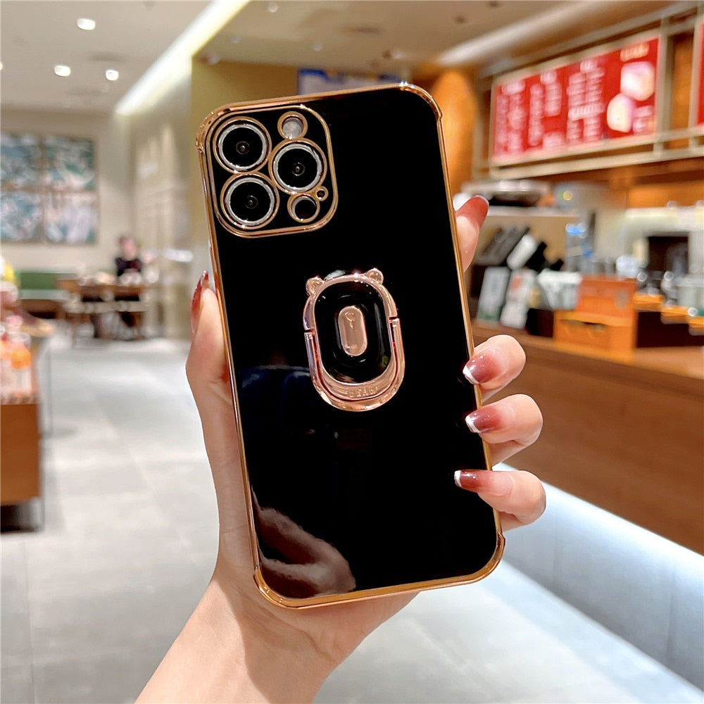 Anymob iPhone Case Black Cute Bear Ring Holder Plating Silicon Stand Finger Bracket Back Cover-Mobile Phone Cases-PEROZ Accessories