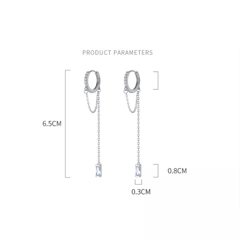Anyco Fashion Earrings Silver 925 Sterling Tassel Chain Square Zircon Ear Buckle for Women Jewelry Accessories-Earrings-PEROZ Accessories