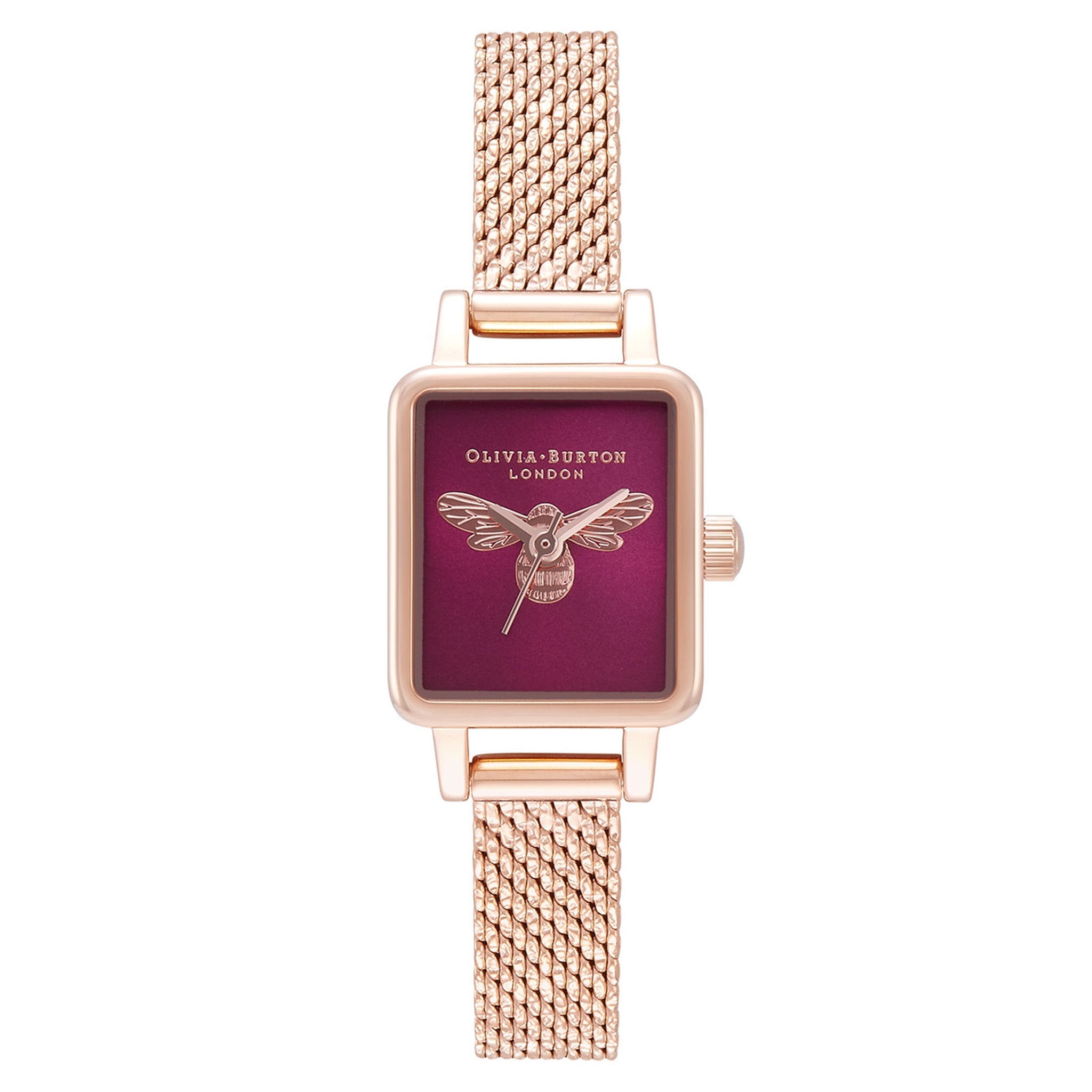 Olivia Burton Ionic Rose Gold Plated Steel Burgundy Sunray & Bee Dial Ladies Watch - OB16FB28-Quartz Watches-PEROZ Accessories