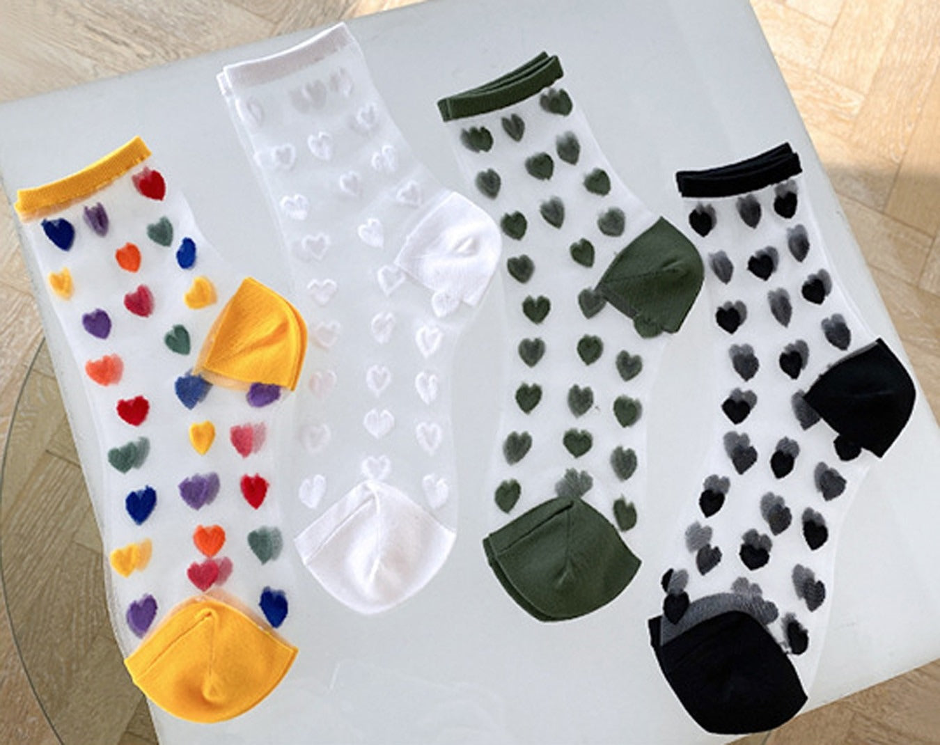 Anysox 5 Pairs Yellow Size 5-9 Heart Tull Glass Silk Design With Transparent Thin Mesh Color full Nylon Socks For Ladies-Socks-PEROZ Accessories