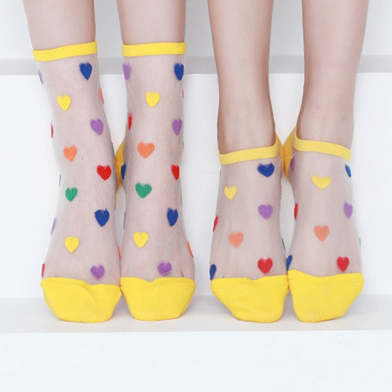 Anysox 5 Pairs Yellow Size 5-9 Heart Tull Glass Silk Design With Transparent Thin Mesh Color full Nylon Socks For Ladies-Socks-PEROZ Accessories