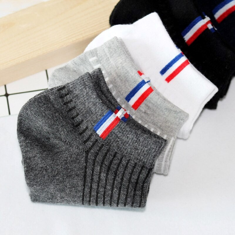 Anysox 5 Pairs One Size 5-11 Grayscale Spring Summer Unisex Navy Solid Striped Cotton Ankle Casual Socks-Socks-PEROZ Accessories