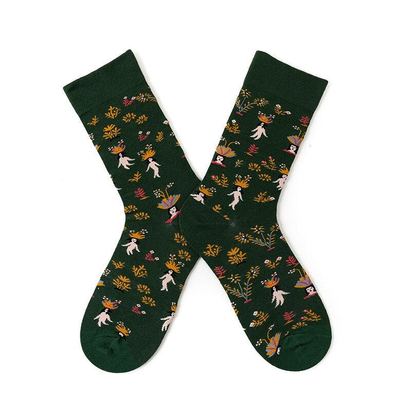 Anysox 5 Pairs Size 5-9 Fashion Socks Combed Cotton Art Abstract Crowned Lady Oil Painting Novelty Happy Funny Christmas Gift for Women-Socks-PEROZ Accessories