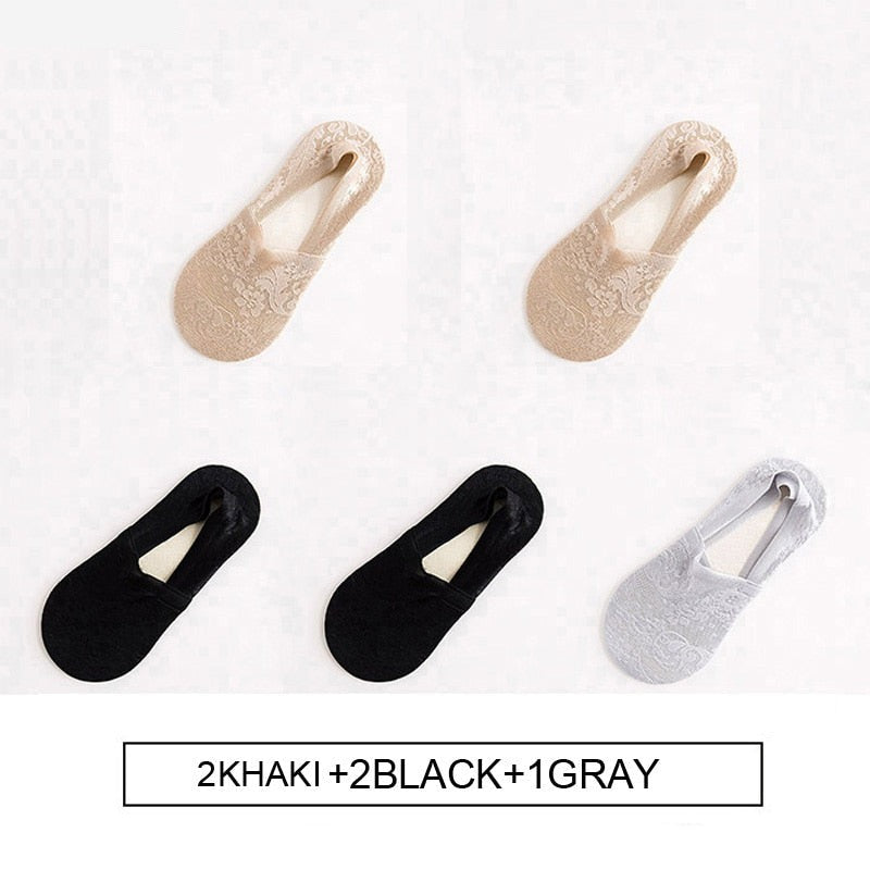 Anysox 5 Pairs Size 5-9 Fashion Socks Lace Flower Style Breathable Antiskid Invisible Ankle Socks for Women (2 Khaki, 2 Black, 1 Gray)-Socks-PEROZ Accessories