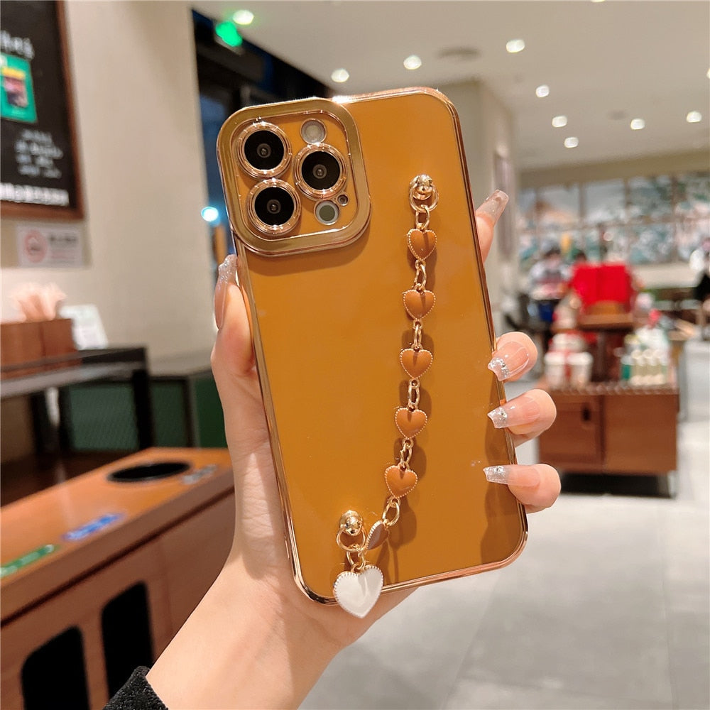 Anymob iPhone Case Mustard Electroplated Heart Bracelet Camera Protection Chain Cover-Mobile Phone Cases-PEROZ Accessories