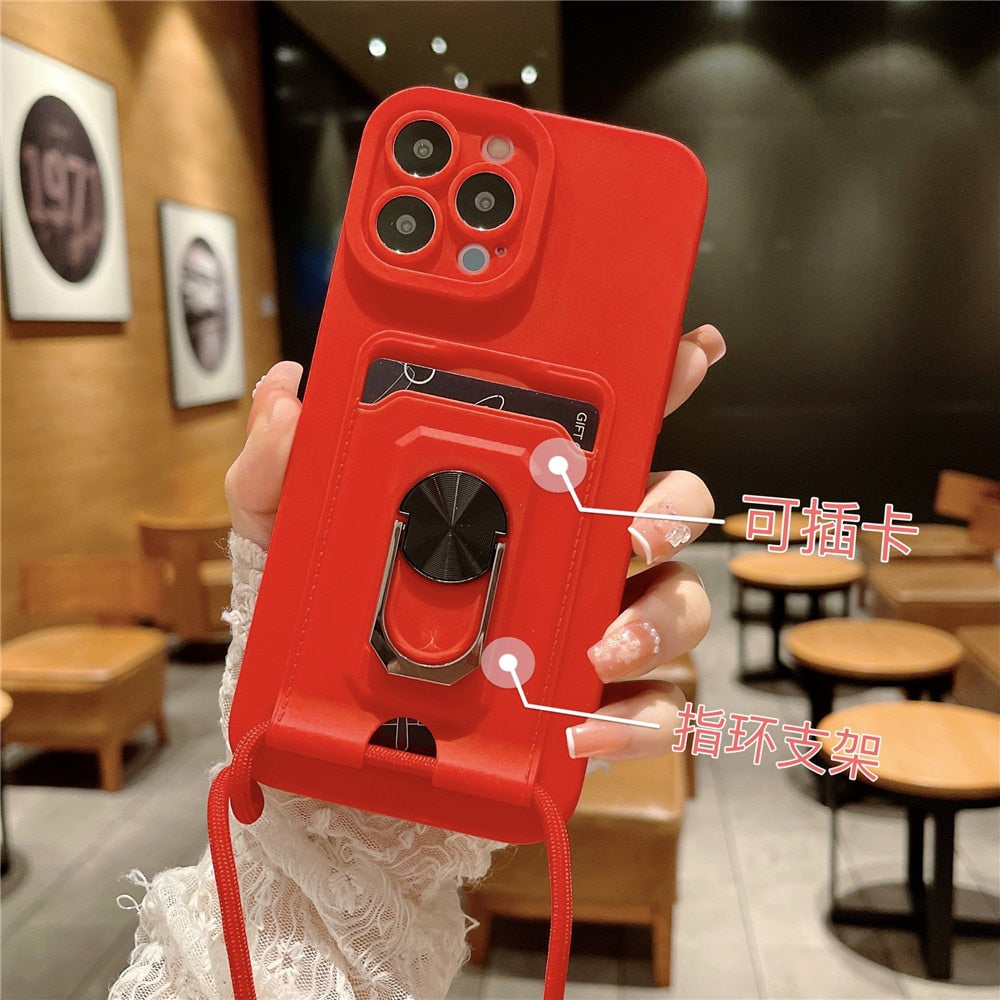 Anymob iPhone Case Red Hang Strap Cord Lanyard Magnetic Ring Holder Phone Cover Card Bag-Mobile Phone Cases-PEROZ Accessories