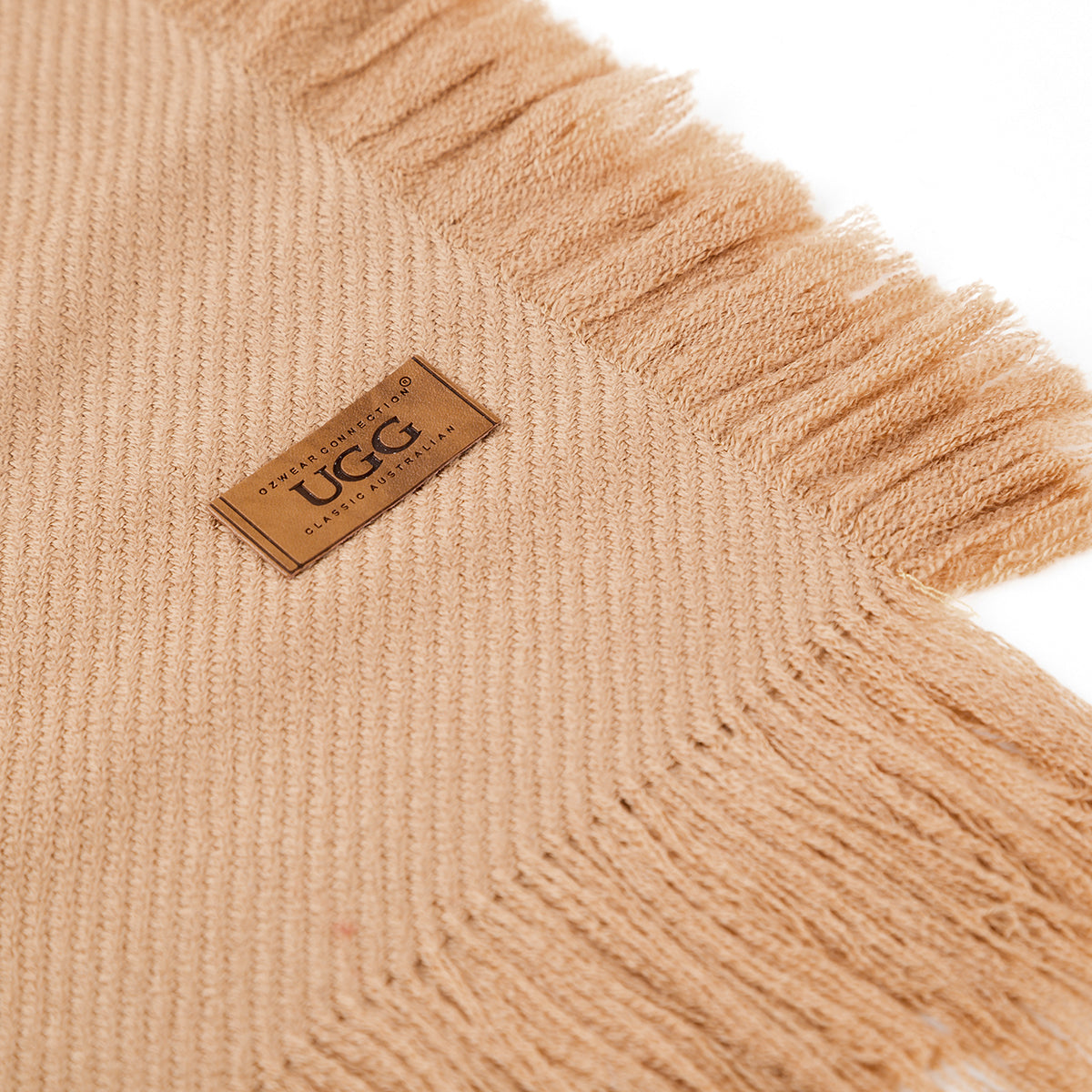 Ugg Fringed Check Wool Scarf Camel-Scarves-PEROZ Accessories