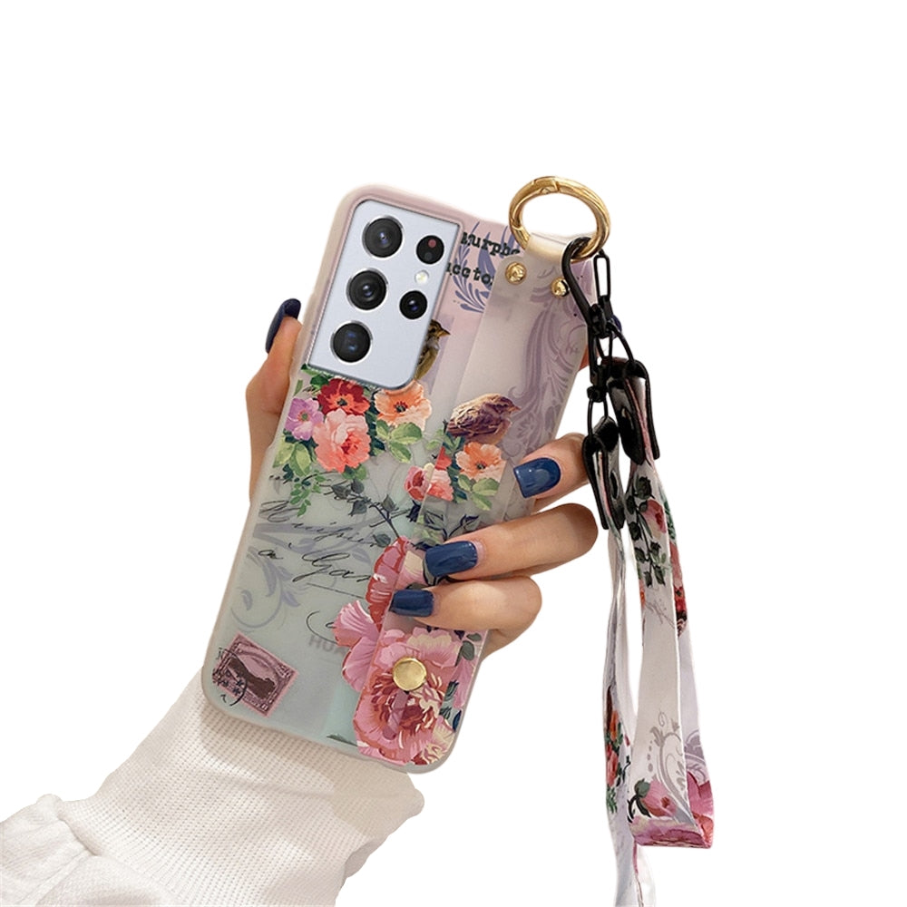 Anymob Samsung Pink Bird Soft Silicone Case Flowers Neck Lanyard Wristband Holder Cover-Mobile Phone Cases-PEROZ Accessories