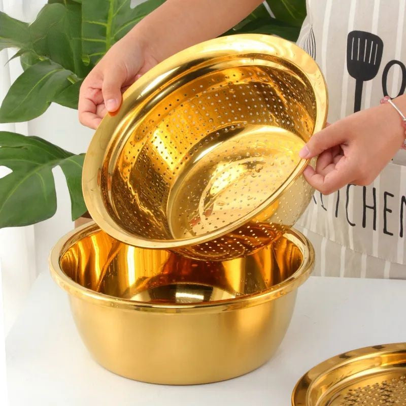 Anygleam Silver Stainless Steel Basket Strainer Bowl with Vegetable Cutter/ Slicer for Buffet and Restaurant Kitchenware-Kitchen Tools & Utensils-PEROZ Accessories