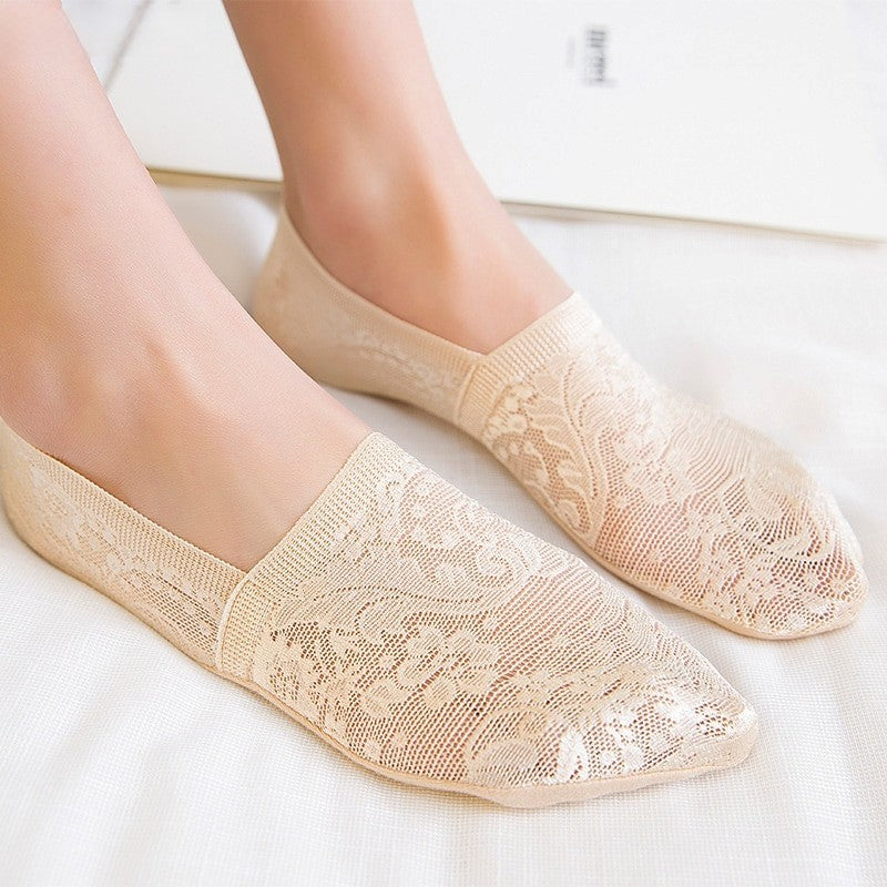 Anysox 5 Pairs Size 5-9 Fashion Socks Lace Flower Style Breathable Antiskid Invisible Ankle Socks for Women Beige-Socks-PEROZ Accessories