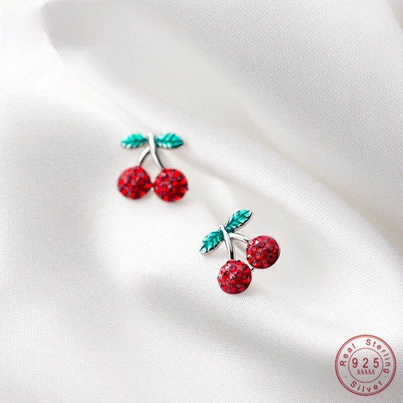 Anyco Fashion Earrings Genuine Sterling Silver Romantic Sweet Red Zircon Cherry Fruit Studs For Girls Accessory Jewelry-Earrings-PEROZ Accessories