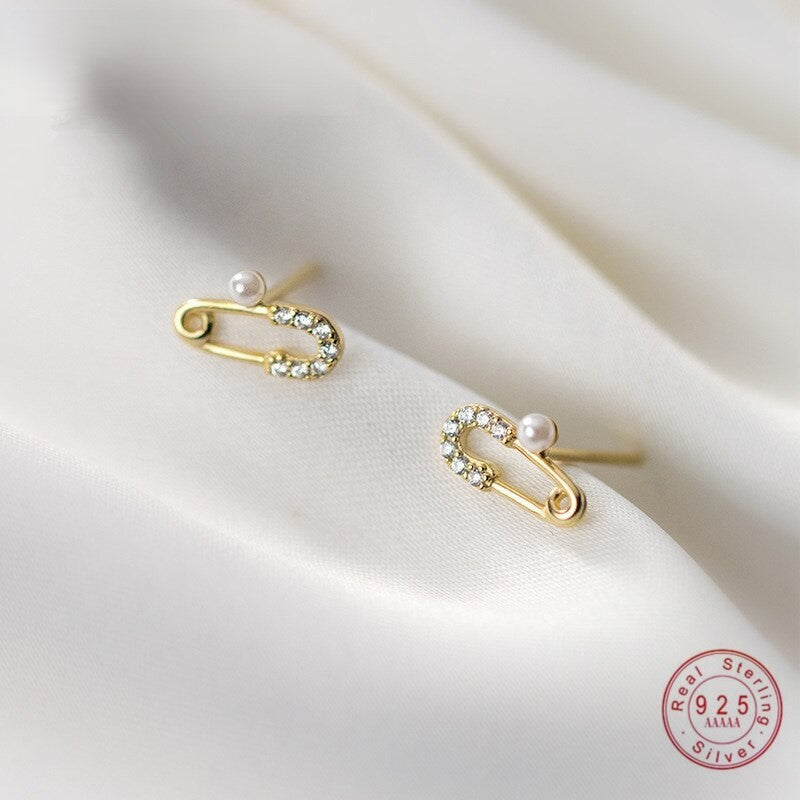 Anyco Fashion Earrings Chic Small Pave Zircon Paper Clip Pin Stud Genuine Sterling Silver Jewelry Gift for Women-Earrings-PEROZ Accessories