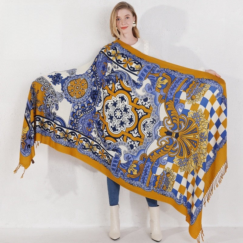 Anyyou 100% Merino Wool Mustartd Yellow Patterns Silk Satin Large Winter Scarf Pashmina Shawl Bandana Perfect For Women Ladies Fashion Style-Scarves-PEROZ Accessories