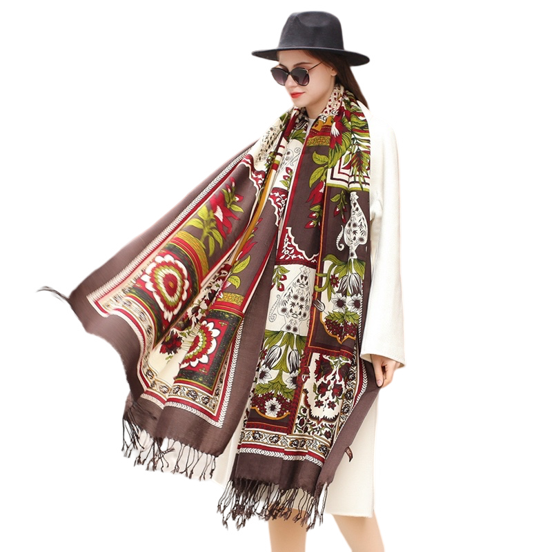 Anyyou 100% Merino Wool Dark Brown Flowers And Patterns Silk Satin Large Winter Scarf Pashmina Shawl Bandana Perfect For Women Ladies Fashion Style-Scarves-PEROZ Accessories