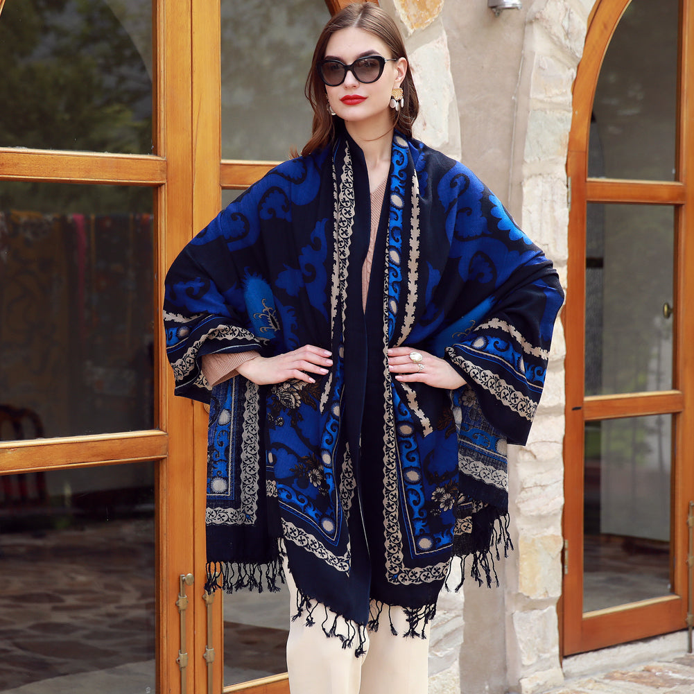 Anyyou 100% Merino Wool Ocean Blue Neck Wrap Silk Satin Large Winter Scarf Pashmina Shawl Bandana Perfect For Women Ladies Fashion Style-Scarves-PEROZ Accessories