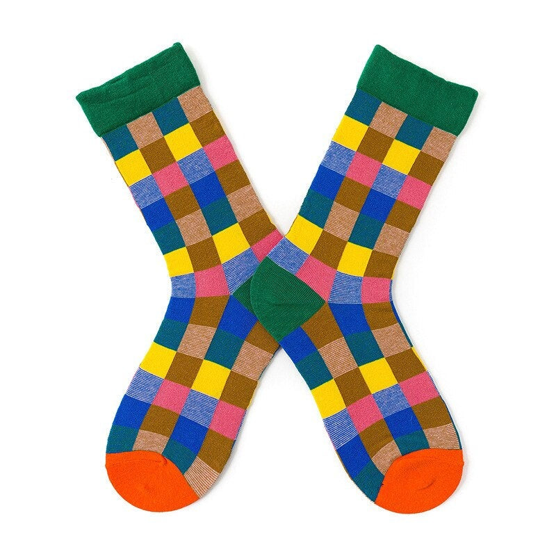 Anysox 5 Pairs Size 5-9 Fashion Socks Combed Cotton Art Multi Color Checkered Abstract Oil Painting Novelty Happy Funny Christmas Gift for Women-Socks-PEROZ Accessories