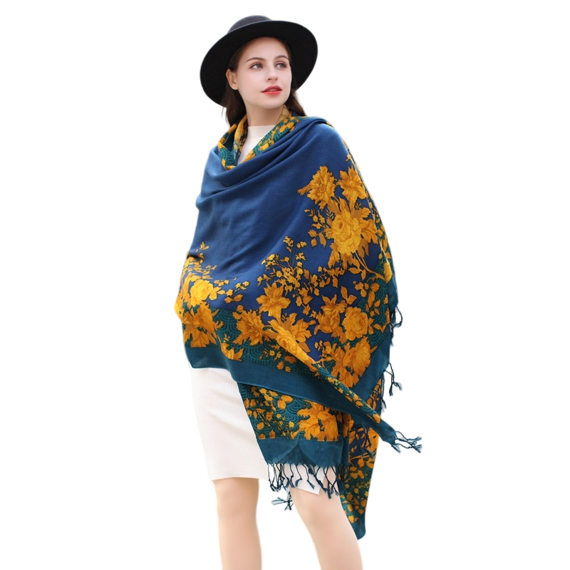 Anyyou 100% Merino Wool Yellow Blue Royal Silk Satin Large Winter Scarf Pashmina Shawl Bandana Perfect For Women Ladies Fashion Style-Scarves-PEROZ Accessories