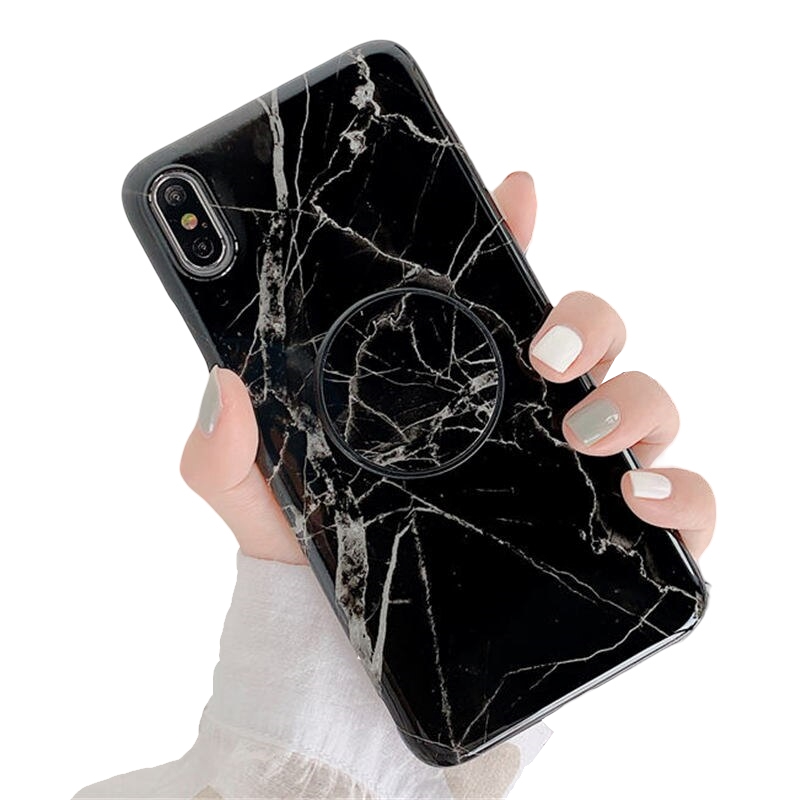 Anymob iPhone Black Marble Case Holder Stand Splice Plating IMD Silicon Phone Cover-Mobile Phone Cases-PEROZ Accessories