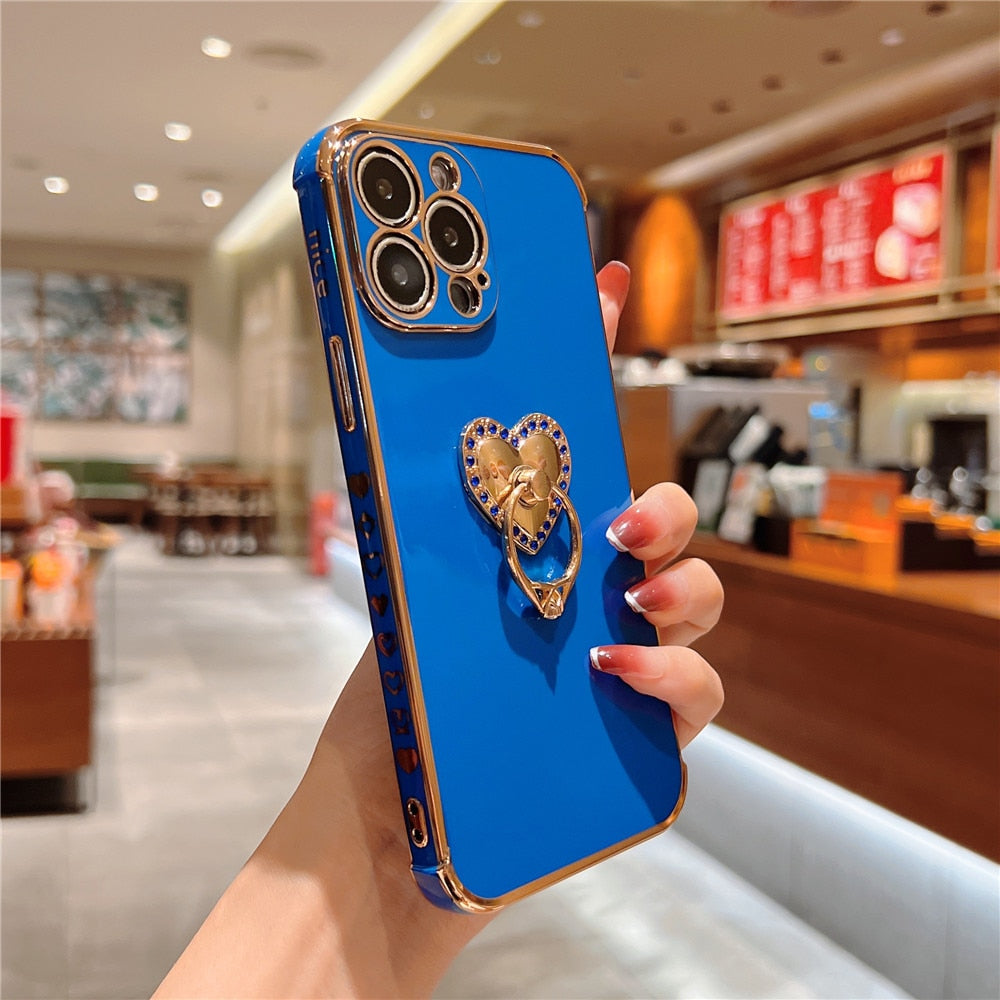 Anymob iPhone Case Blue Plating Love Heart Ring Holder Shockproof Soft Silicone Cover-Mobile Phone Cases-PEROZ Accessories