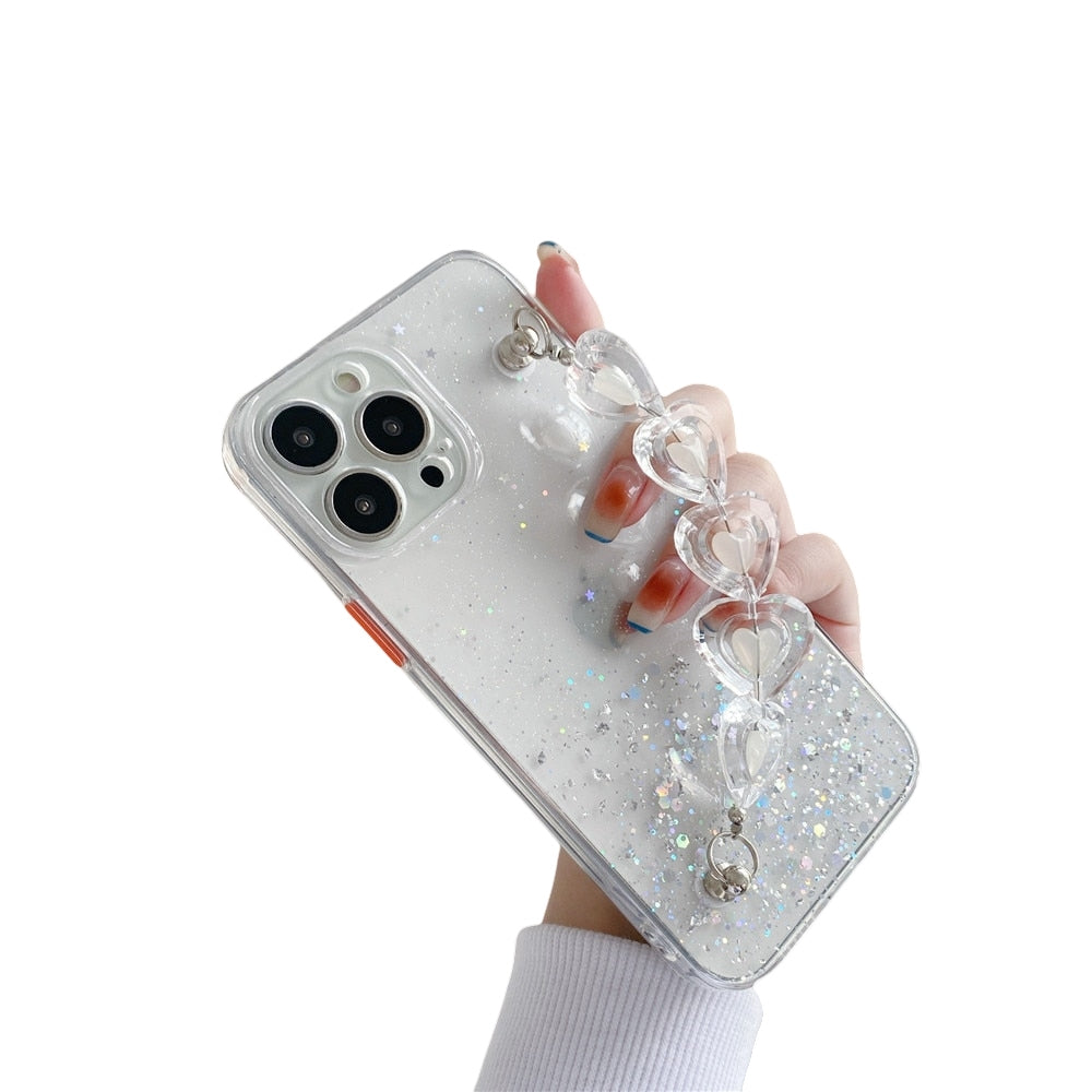 Anymob iPhone Clear Crystal Heart Bracelet Phone Chain Case Glitter Soft Cover-Mobile Phone Cases-PEROZ Accessories