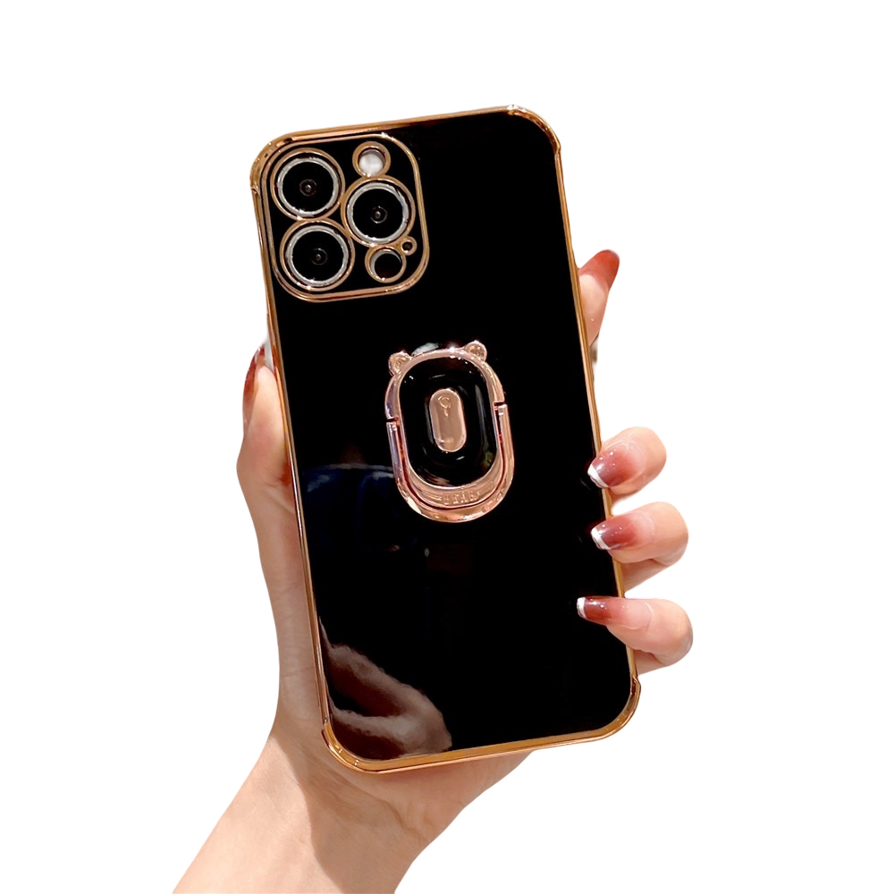 Anymob iPhone Case Black Cute Bear Ring Holder Plating Silicon Stand Finger Bracket Back Cover-Mobile Phone Cases-PEROZ Accessories