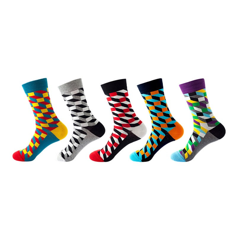 Anysox 5 Pairs One Size 5-11 Mixed Color Set Christmas Socks Cotton Fashion Mosaic Woman Skateboard Oil Paitiing-Socks-PEROZ Accessories