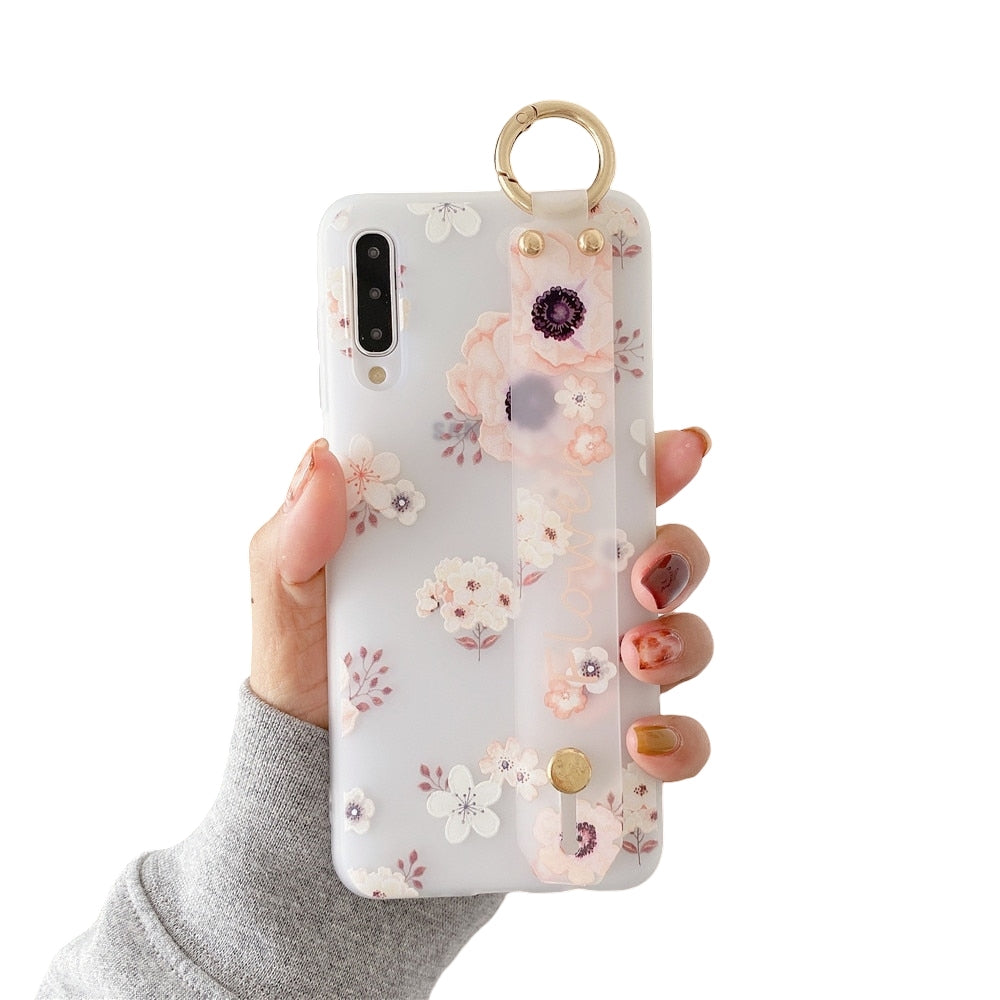 Anymob Samsung White Pinkish Flowers Case Wrist Strap Cover-Mobile Phone Cases-PEROZ Accessories