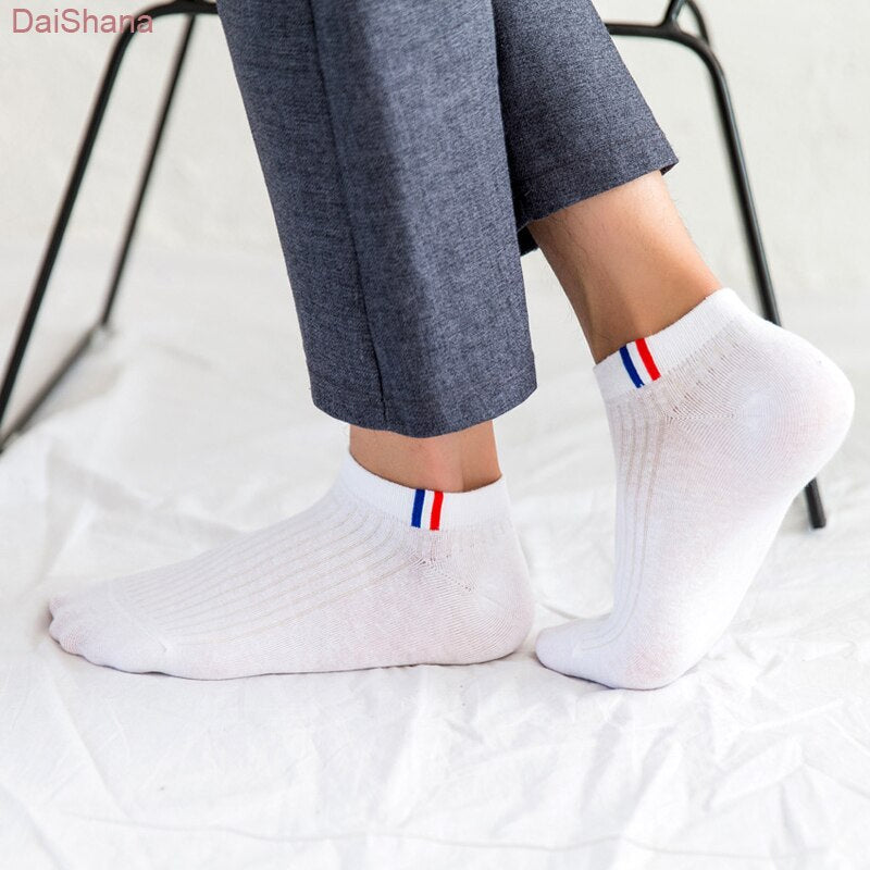 Anysox 5 Pairs One Size 5-11 Grayscale Spring Summer Unisex Navy Solid Striped Cotton Ankle Casual Socks-Socks-PEROZ Accessories