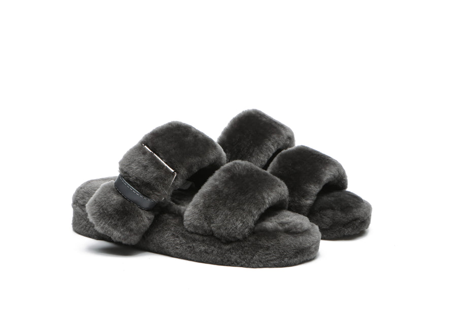 Australian Shepherd Fluffy Slides Women Jamia High Platform Sheepskin Wool-Slides-PEROZ Accessories