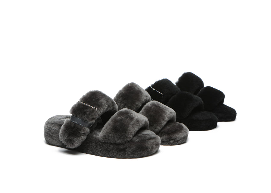 Australian Shepherd Fluffy Slides Women Jamia High Platform Sheepskin Wool-Slides-PEROZ Accessories