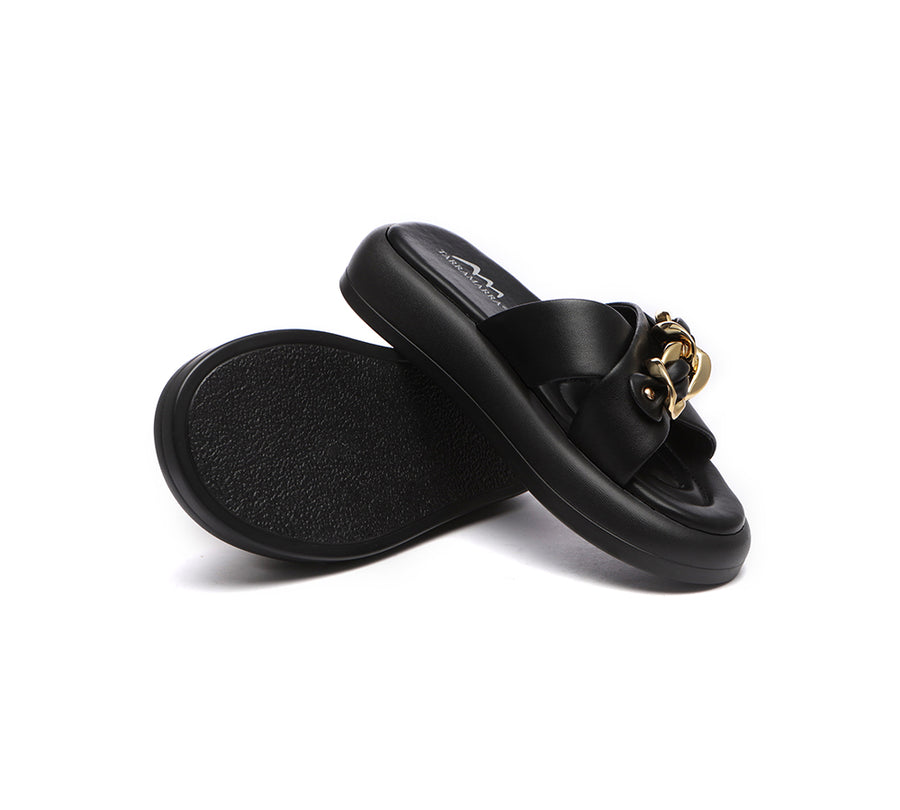 Tarramarra Metal Embellished Criss Cross Platform Slides Women Chiffon-Slides-PEROZ Accessories
