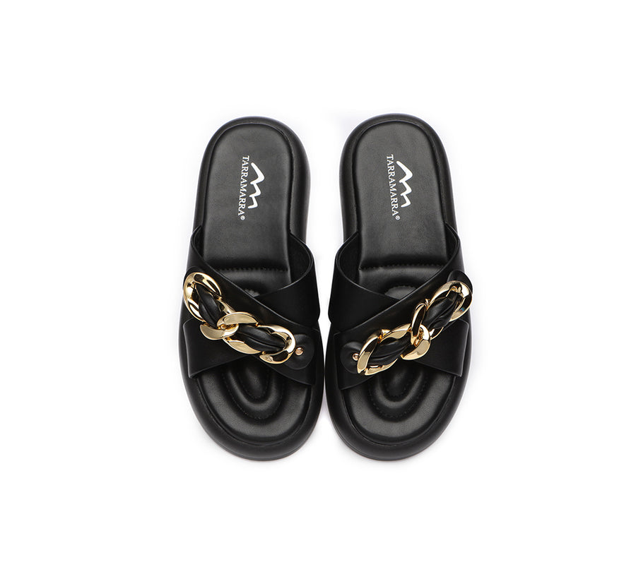 Tarramarra Metal Embellished Criss Cross Platform Slides Women Chiffon-Slides-PEROZ Accessories